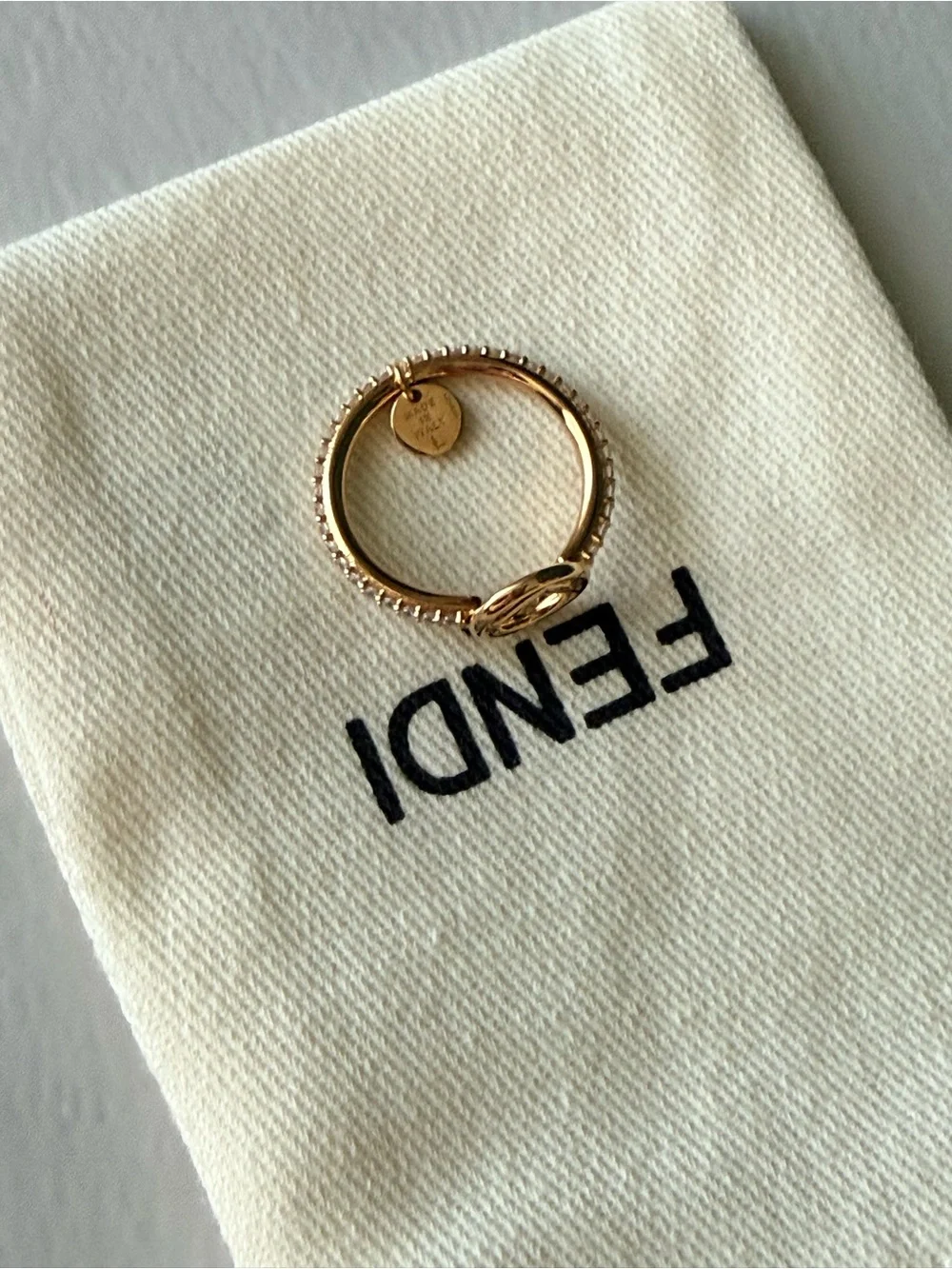 Fendi Gold Logo Circle Ring with Pavé Band Size Large Brand New - Picture 5 of 8